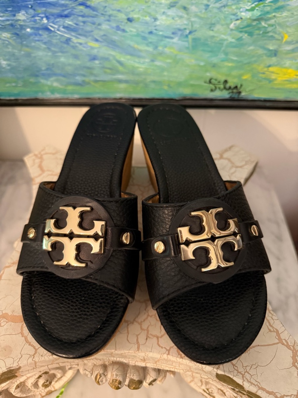 Tory Burch Black Leather Slides with Gold Logo Emblems-Fair Condition